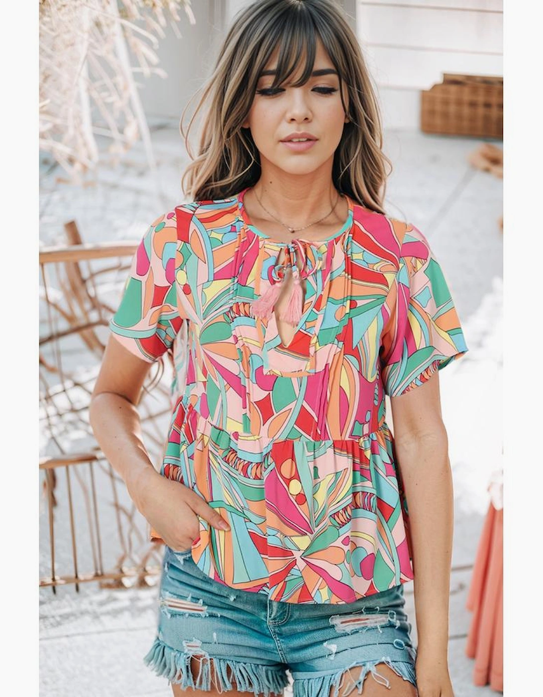 Multicolor Boho Abstract Pattern Split V Neck Flowy Blouse