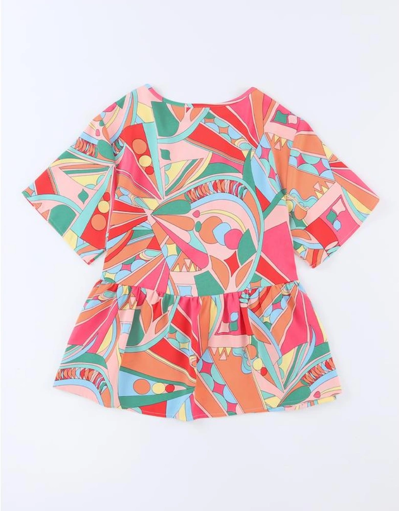 Multicolor Boho Abstract Pattern Split V Neck Flowy Blouse