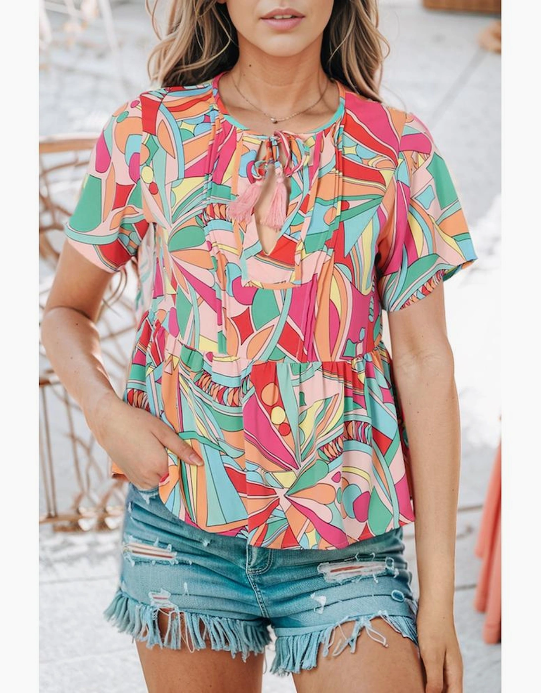 Multicolor Boho Abstract Pattern Split V Neck Flowy Blouse