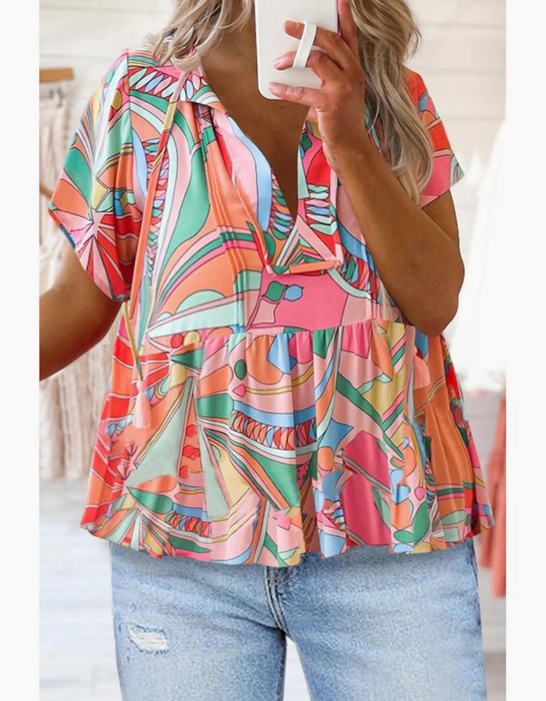 Multicolor Boho Abstract Pattern Split V Neck Flowy Blouse