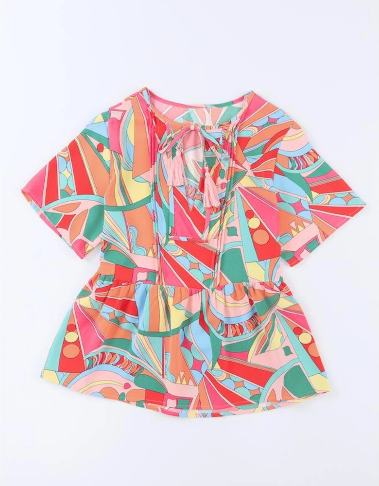 Multicolor Boho Abstract Pattern Split V Neck Flowy Blouse