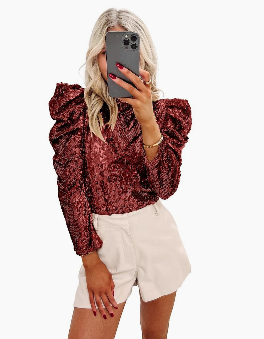 Burgundy Sequin Mock Neck Bubble Sleeve Top