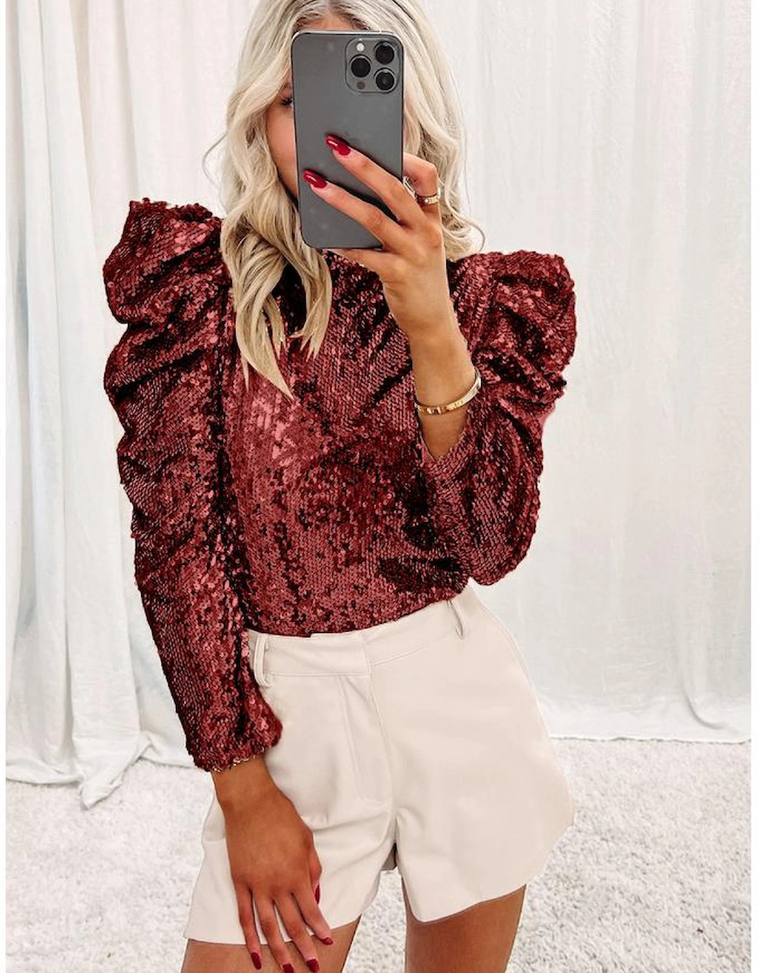 Burgundy Sequin Mock Neck Bubble Sleeve Top