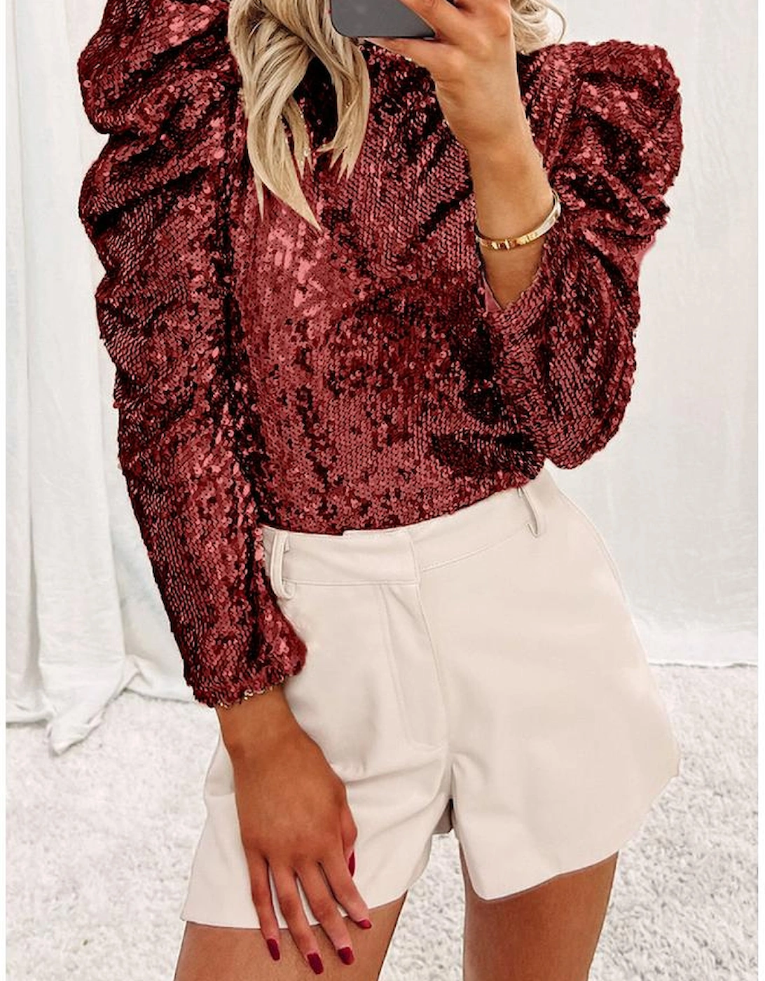 Burgundy Sequin Mock Neck Bubble Sleeve Top, 5 of 4