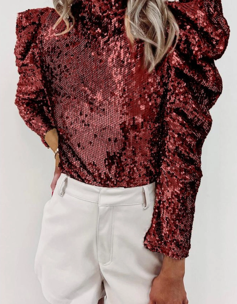 Burgundy Sequin Mock Neck Bubble Sleeve Top