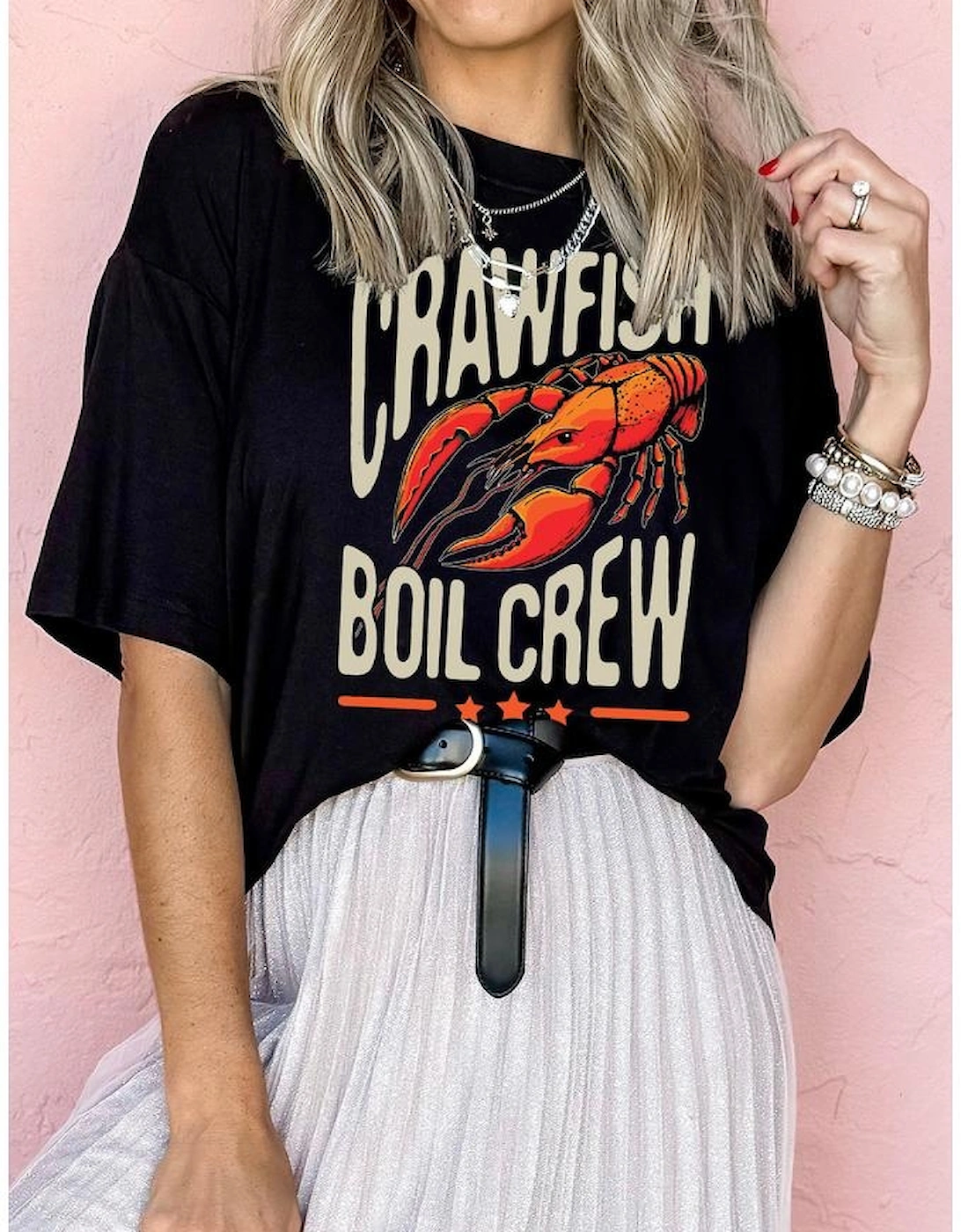 Black CRAWFISH BOIL CREW Graphic Casual T Shirt