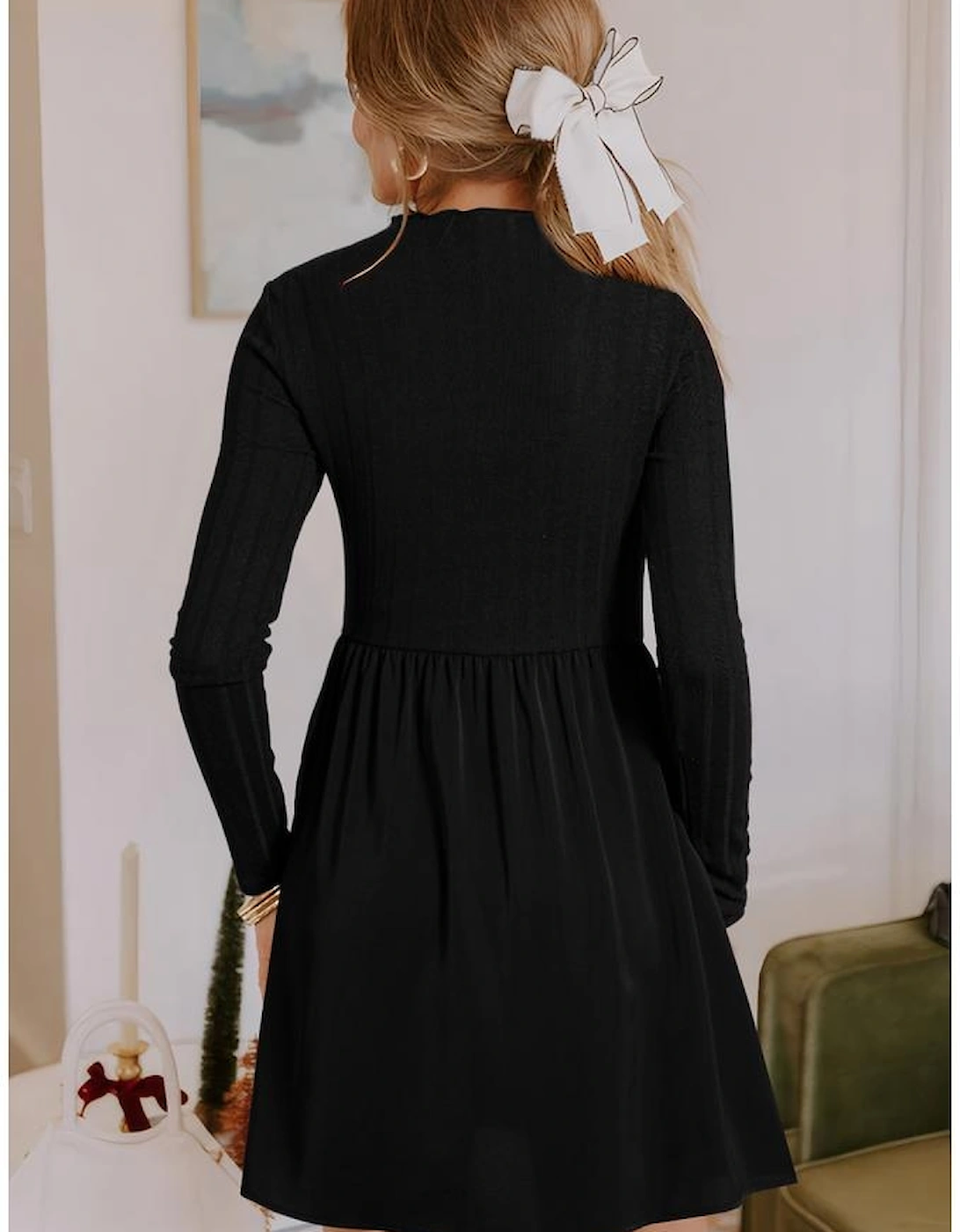 Black Frilled Neck Ribbed Knit Patchwork Long Sleeve Mini Dress, 12 of 11