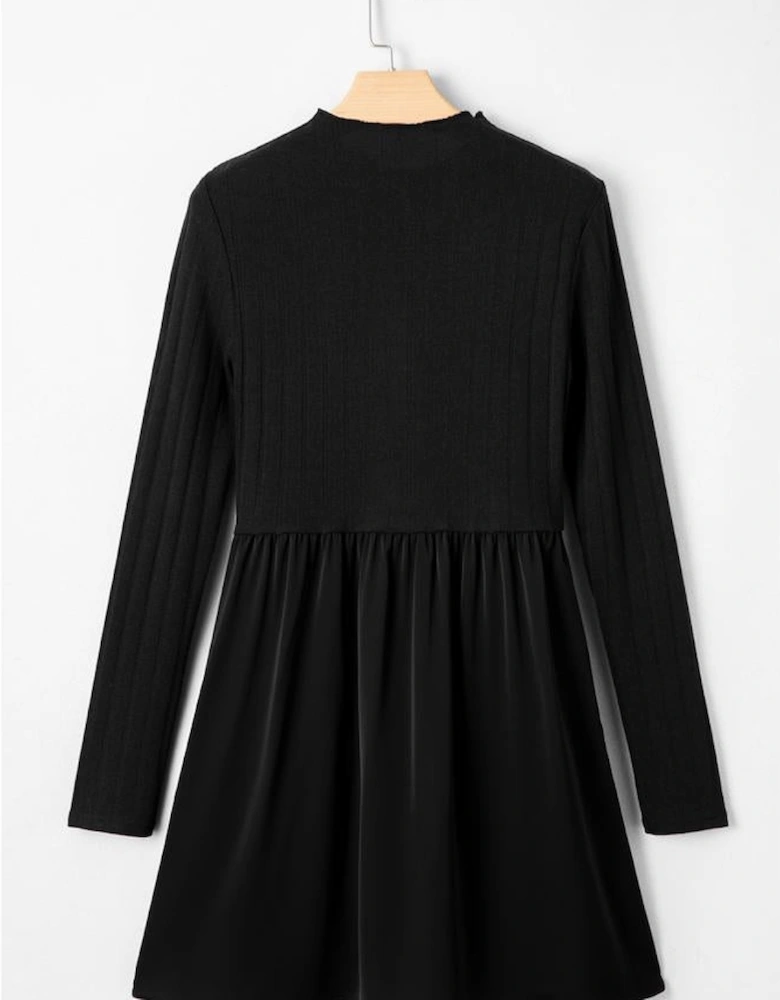 Black Frilled Neck Ribbed Knit Patchwork Long Sleeve Mini Dress