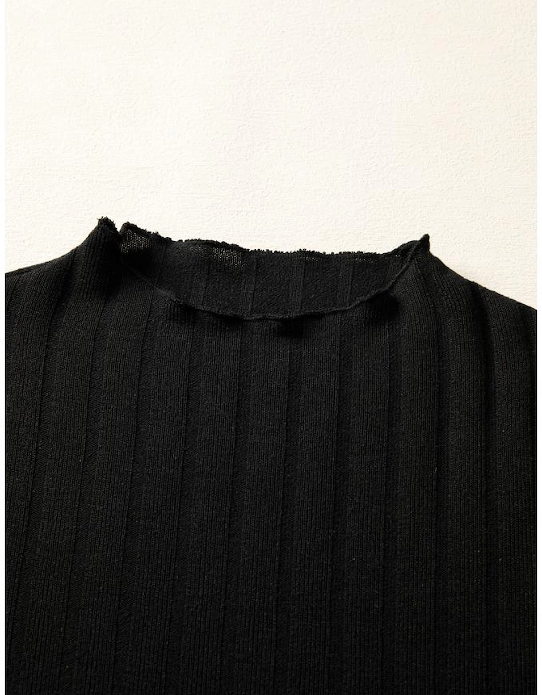 Black Frilled Neck Ribbed Knit Patchwork Long Sleeve Mini Dress