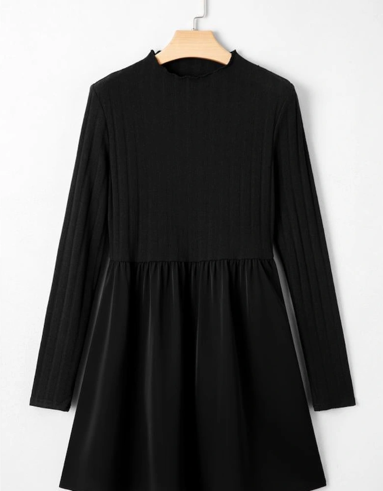 Black Frilled Neck Ribbed Knit Patchwork Long Sleeve Mini Dress