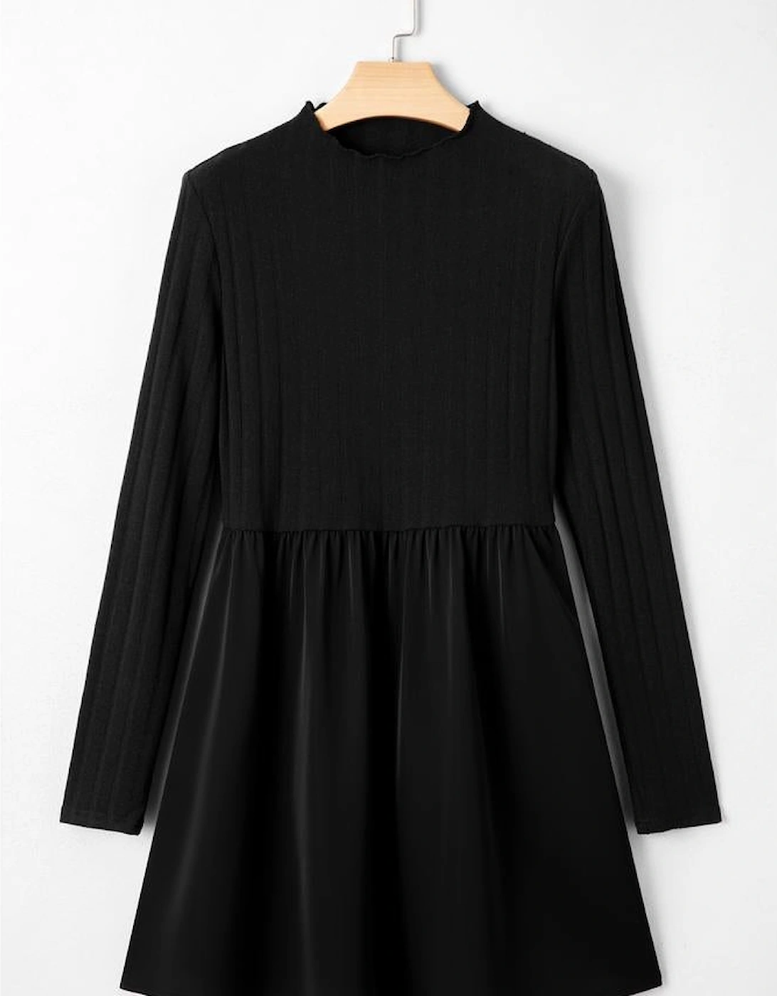 Black Frilled Neck Ribbed Knit Patchwork Long Sleeve Mini Dress