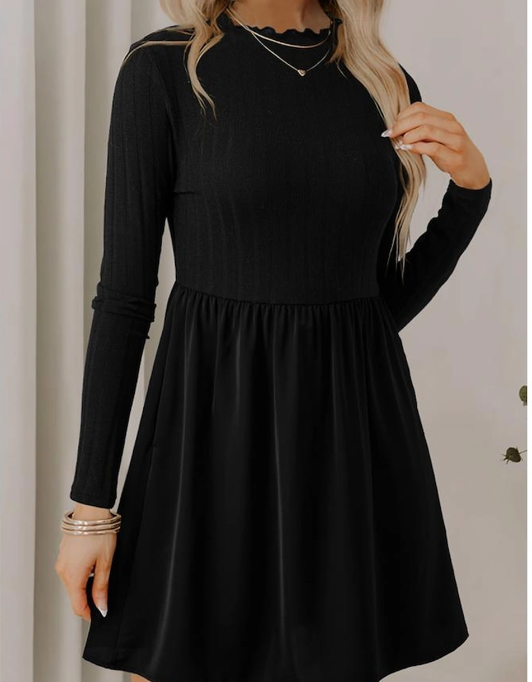 Black Frilled Neck Ribbed Knit Patchwork Long Sleeve Mini Dress