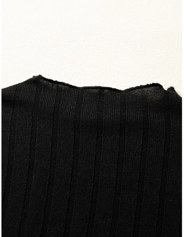 Black Frilled Neck Ribbed Knit Patchwork Long Sleeve Mini Dress