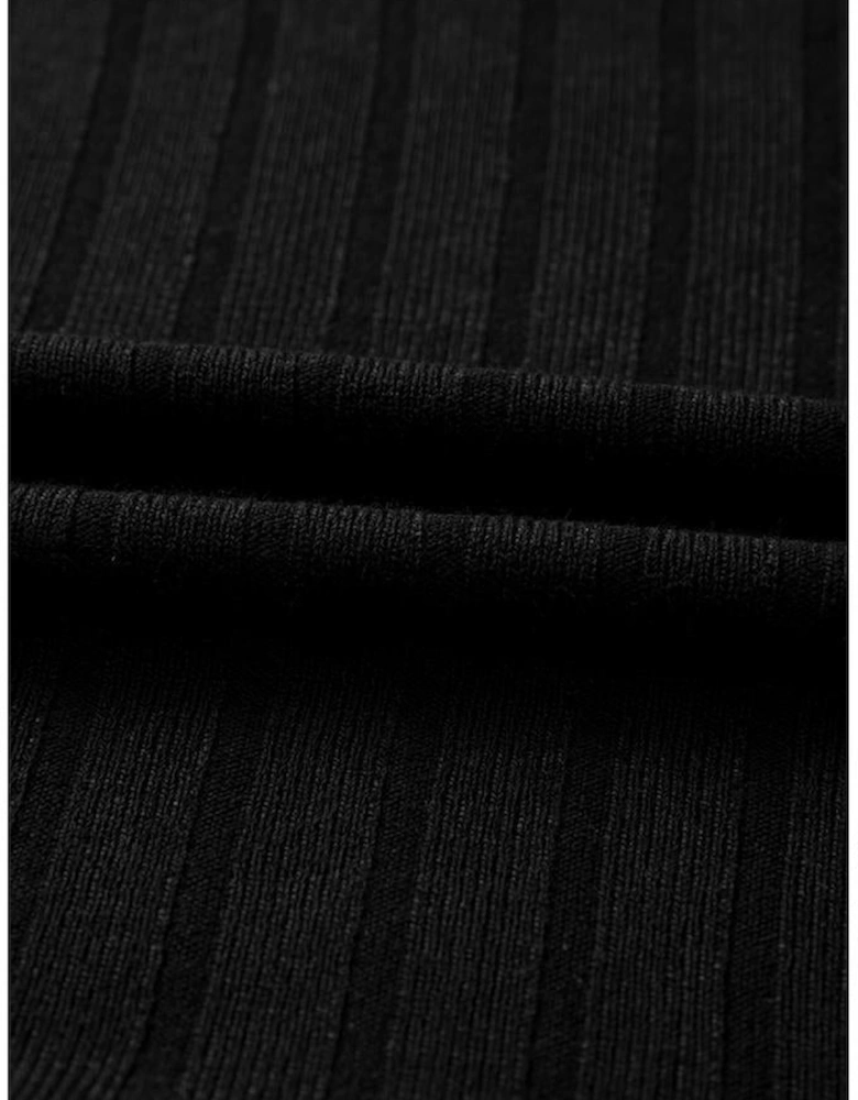 Black Frilled Neck Ribbed Knit Patchwork Long Sleeve Mini Dress