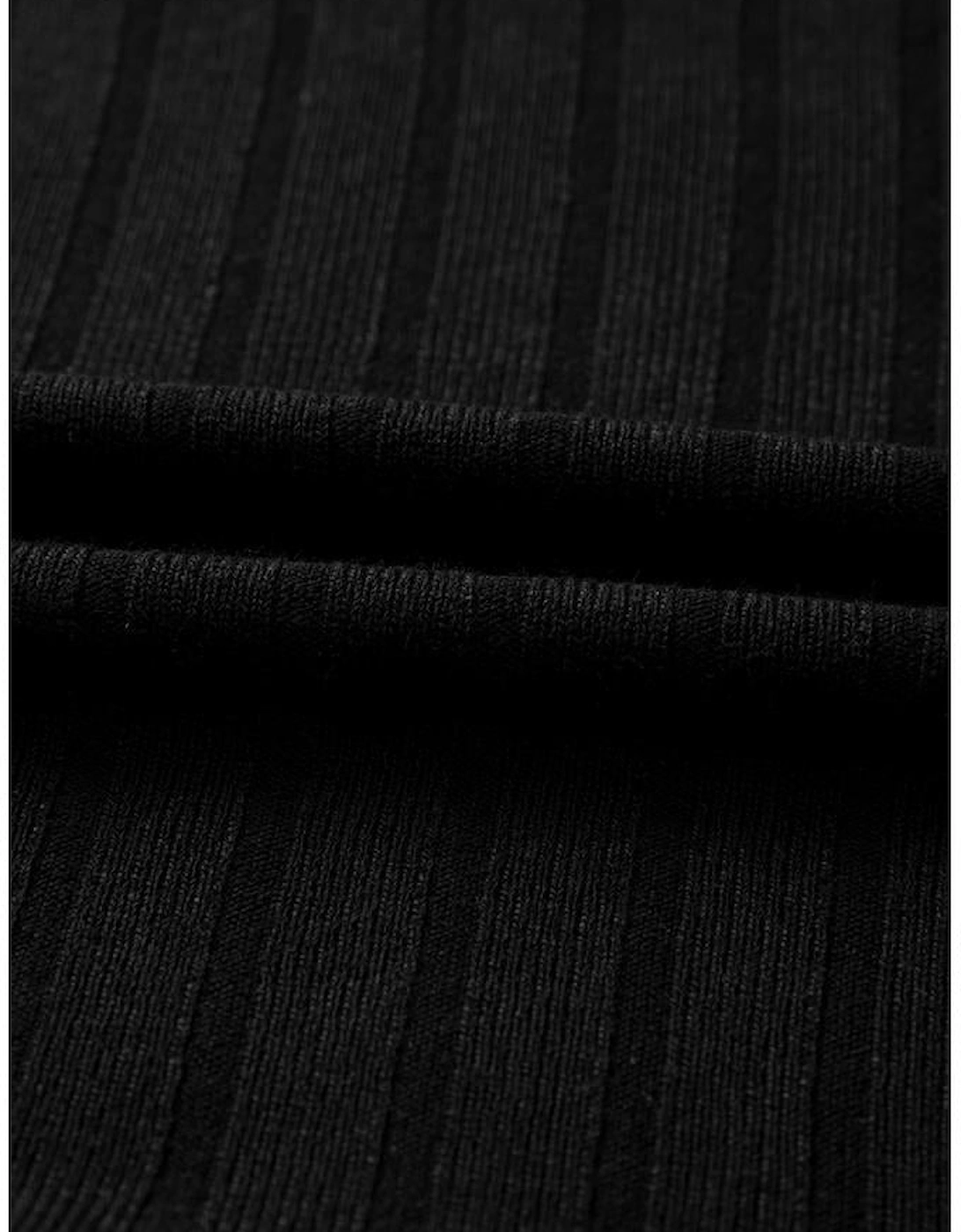 Black Frilled Neck Ribbed Knit Patchwork Long Sleeve Mini Dress