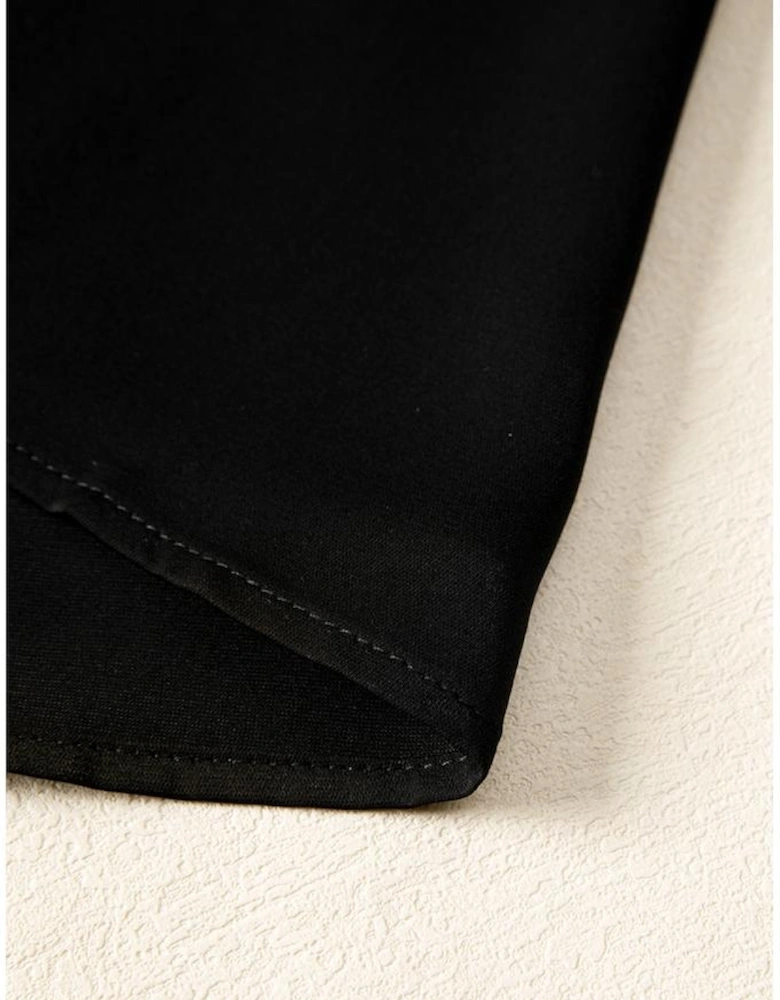 Black Frilled Neck Ribbed Knit Patchwork Long Sleeve Mini Dress