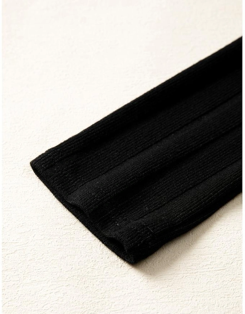 Black Frilled Neck Ribbed Knit Patchwork Long Sleeve Mini Dress