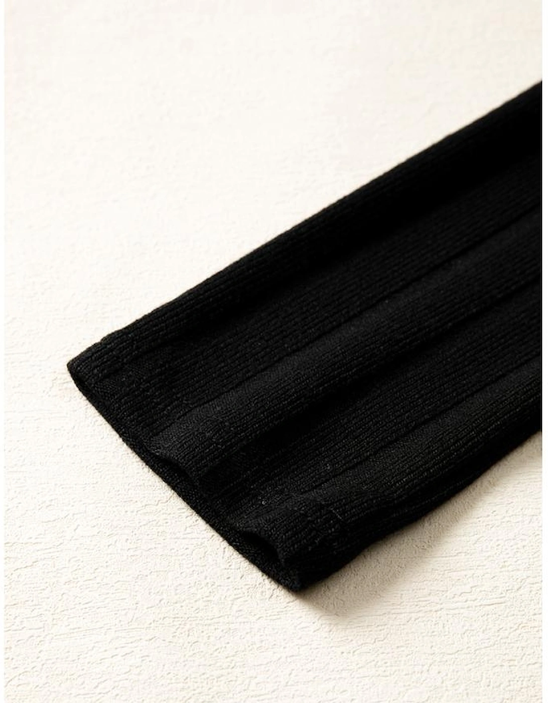 Black Frilled Neck Ribbed Knit Patchwork Long Sleeve Mini Dress