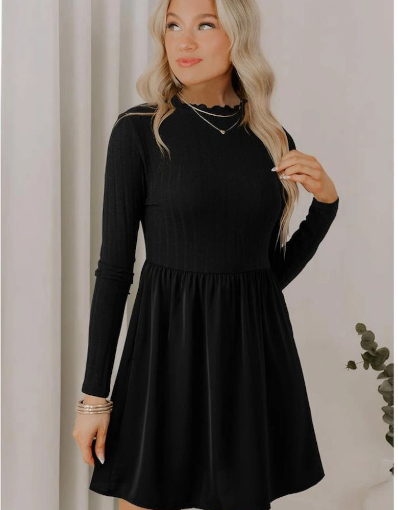 Black Frilled Neck Ribbed Knit Patchwork Long Sleeve Mini Dress