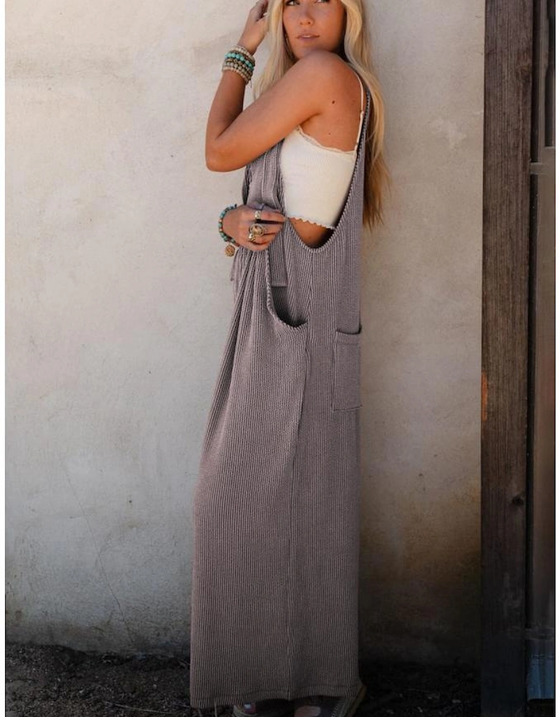 Philippine Gray Corded Adjustable Straps Wide Leg Loose Overall