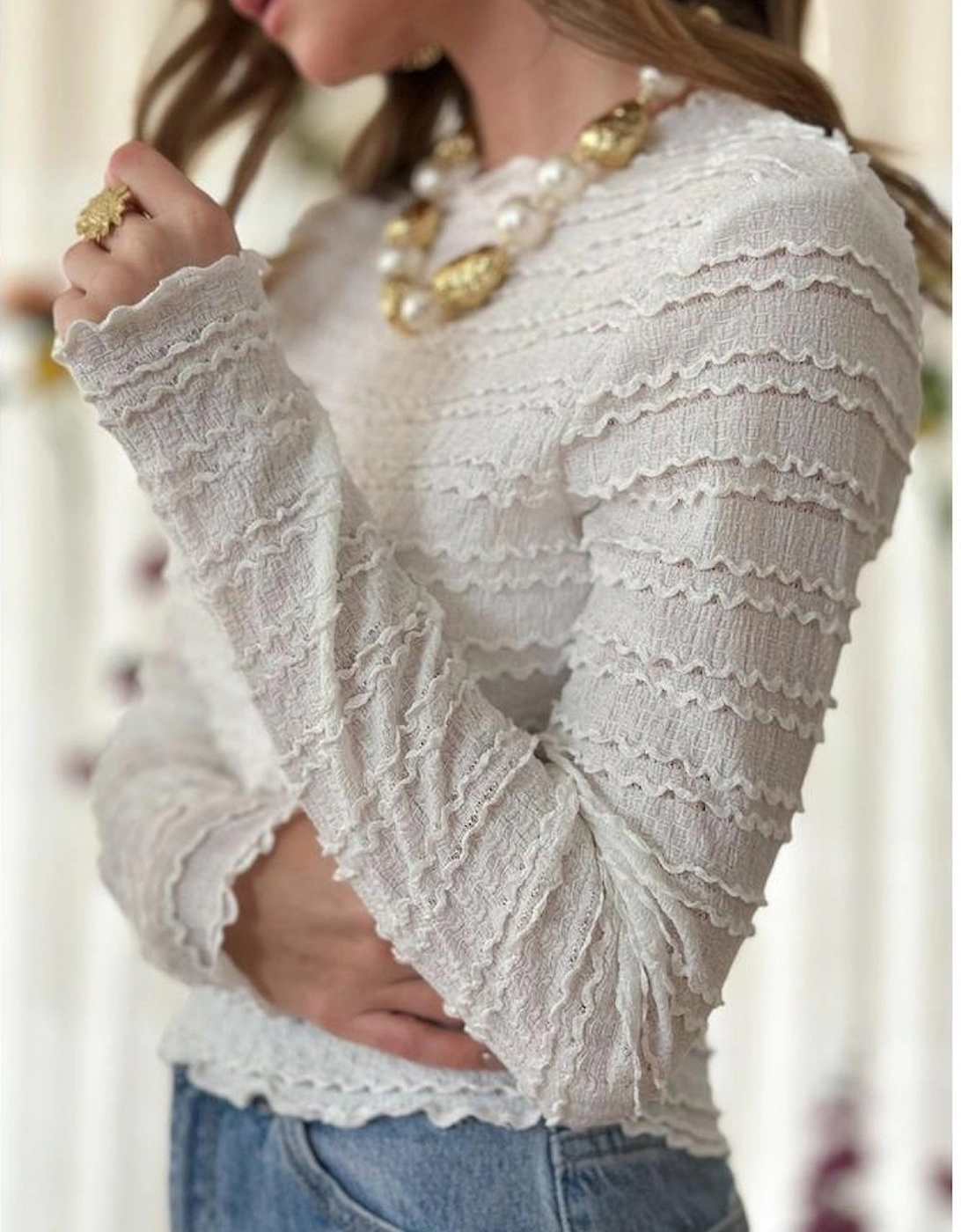 White Knit Jacquard Slim Fit Top