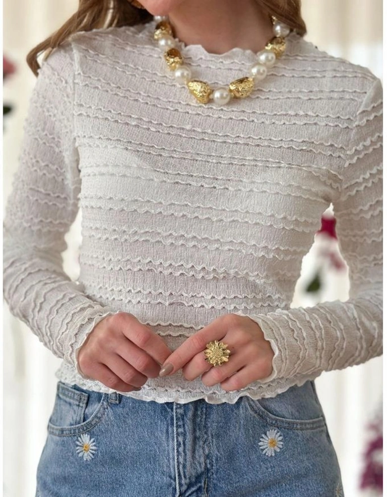 White Knit Jacquard Slim Fit Top