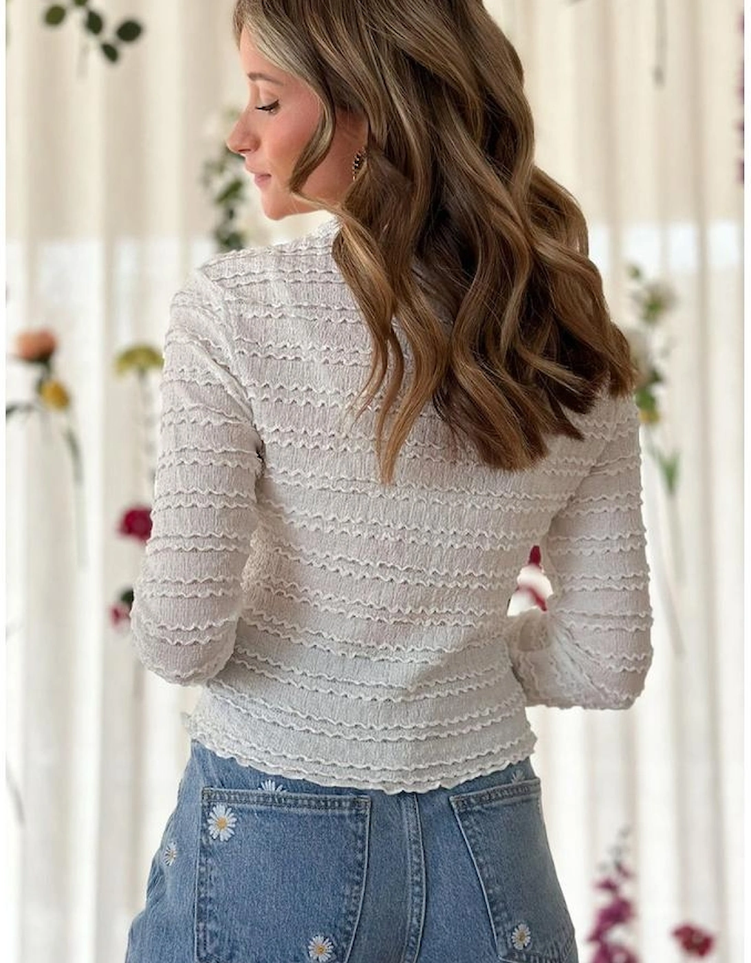 White Knit Jacquard Slim Fit Top