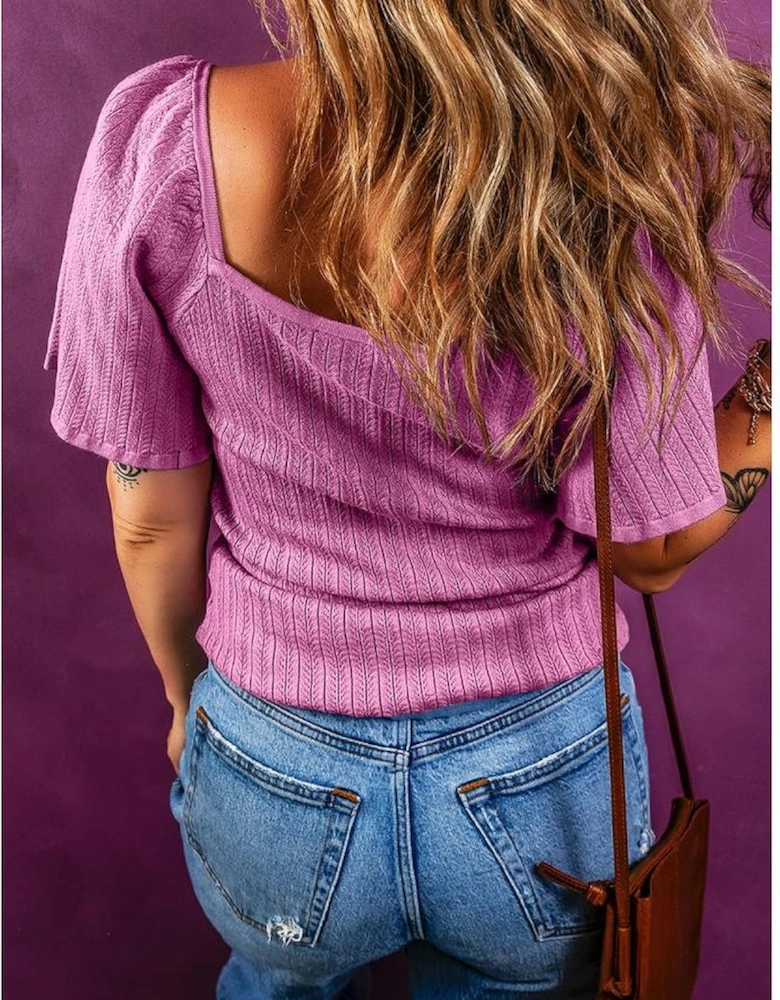 Phalaenopsis Textured Square Neck Half Sleeve Knitted Top