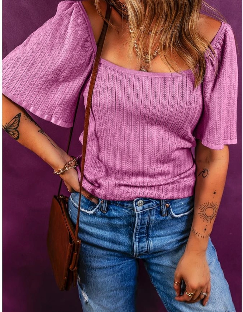 Phalaenopsis Textured Square Neck Half Sleeve Knitted Top