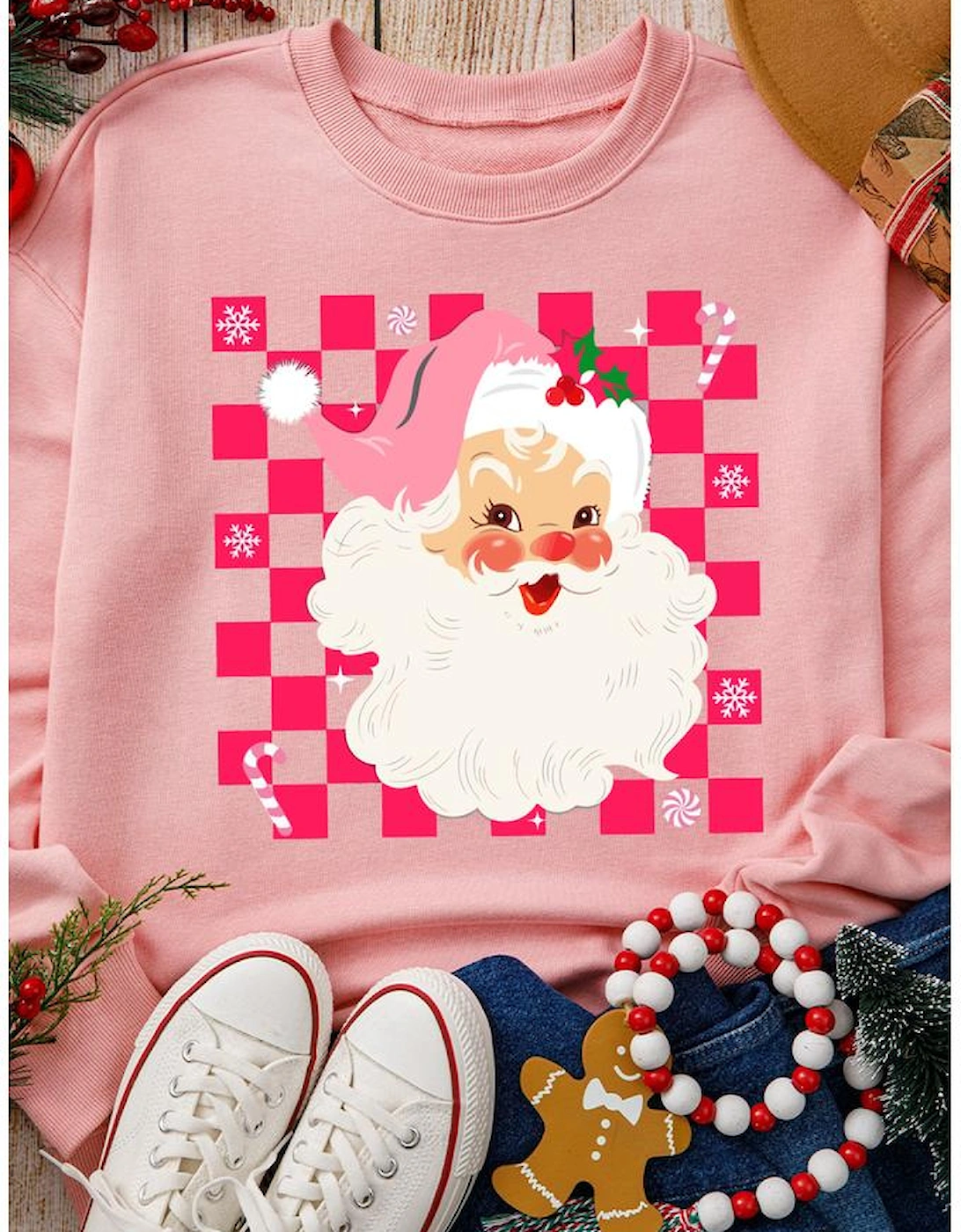 Pink Fancy Checkered Father Christmas Graphic Sweatshirt