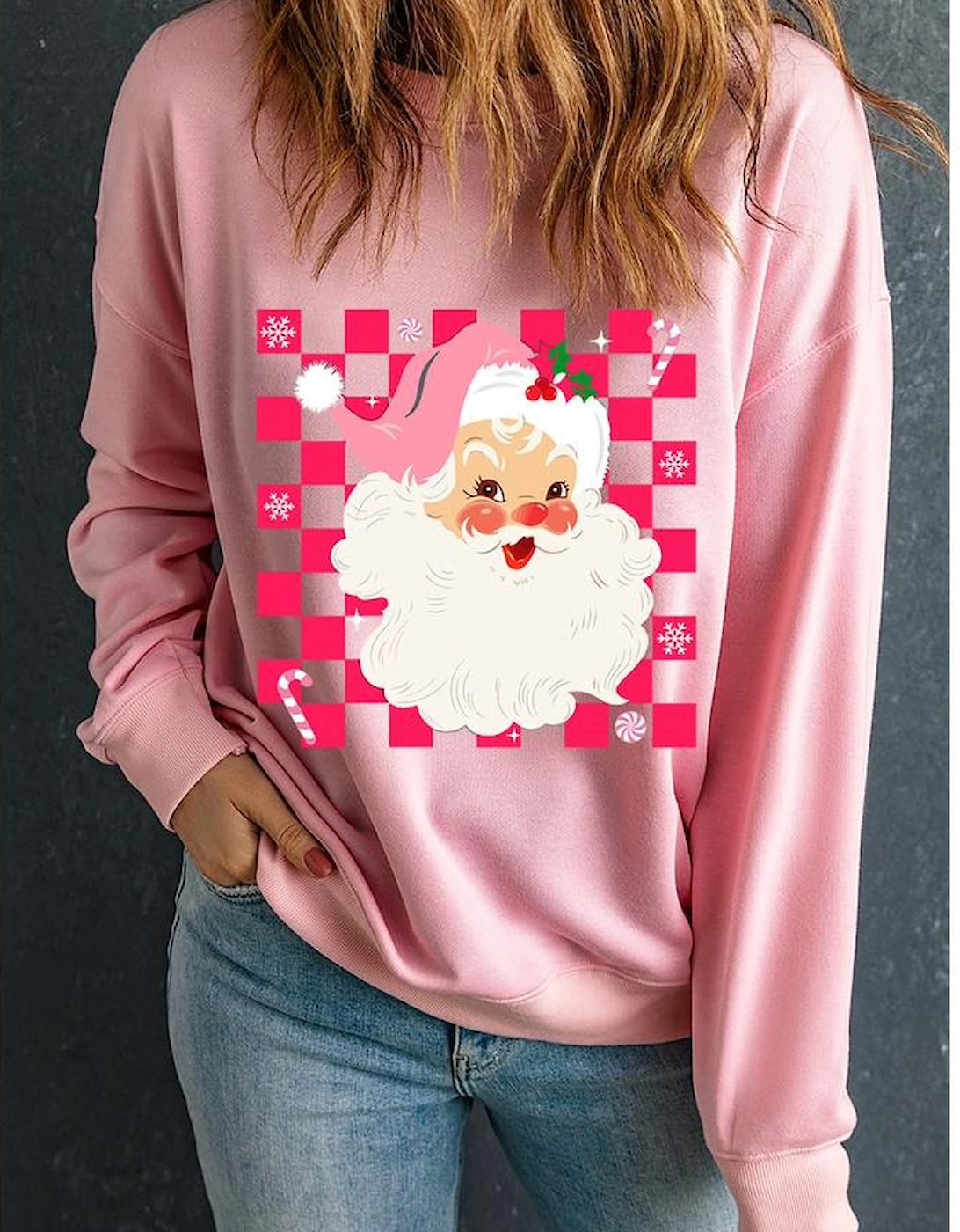Pink Fancy Checkered Father Christmas Graphic Sweatshirt
