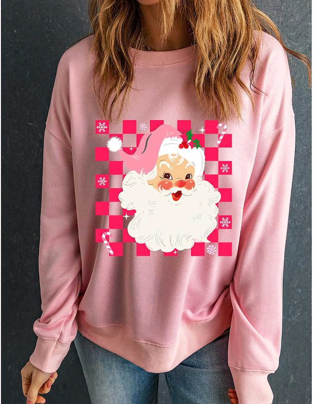 Pink Fancy Checkered Father Christmas Graphic Sweatshirt, 6 of 5