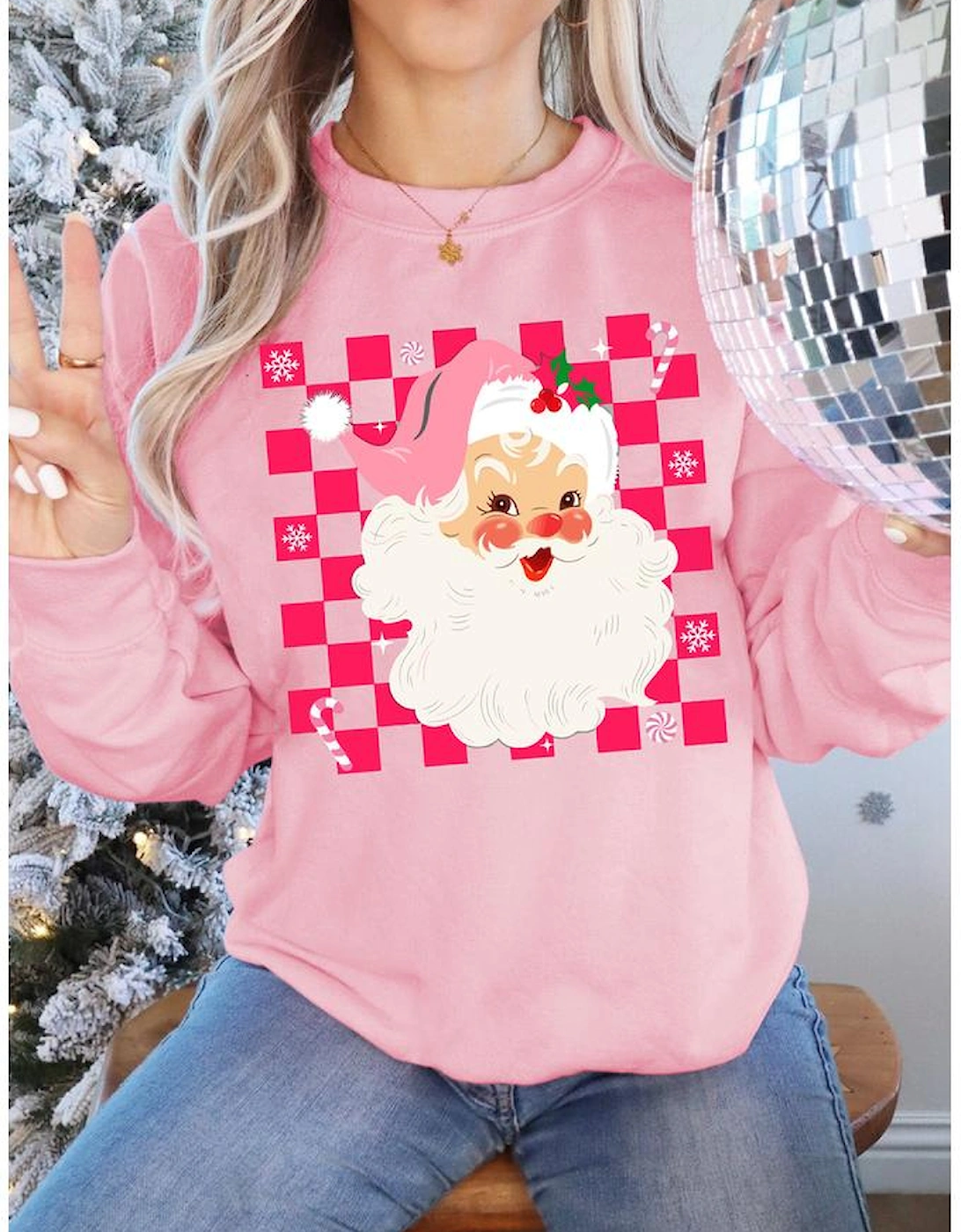 Pink Fancy Checkered Father Christmas Graphic Sweatshirt