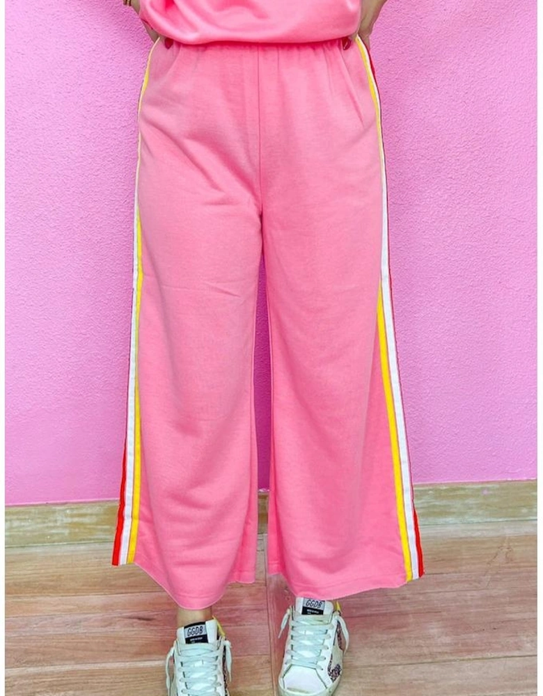 Bonbon Color Contrast Crewneck T Shirt and Wide Leg High Waist Pants Set
