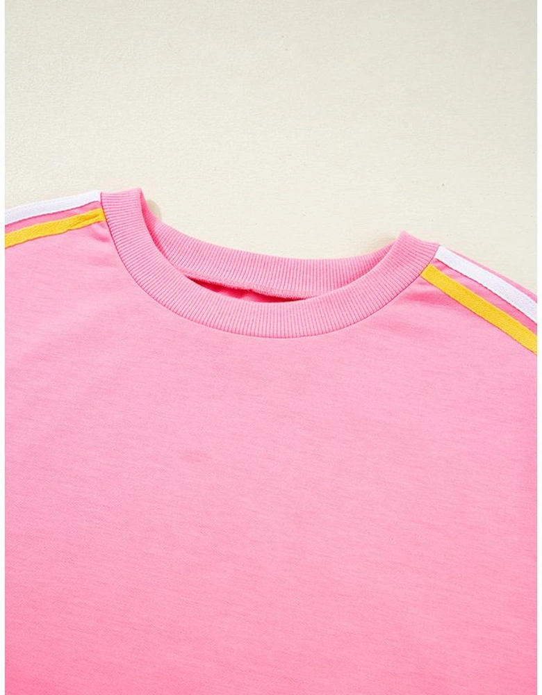 Bonbon Color Contrast Crewneck T Shirt and Wide Leg High Waist Pants Set