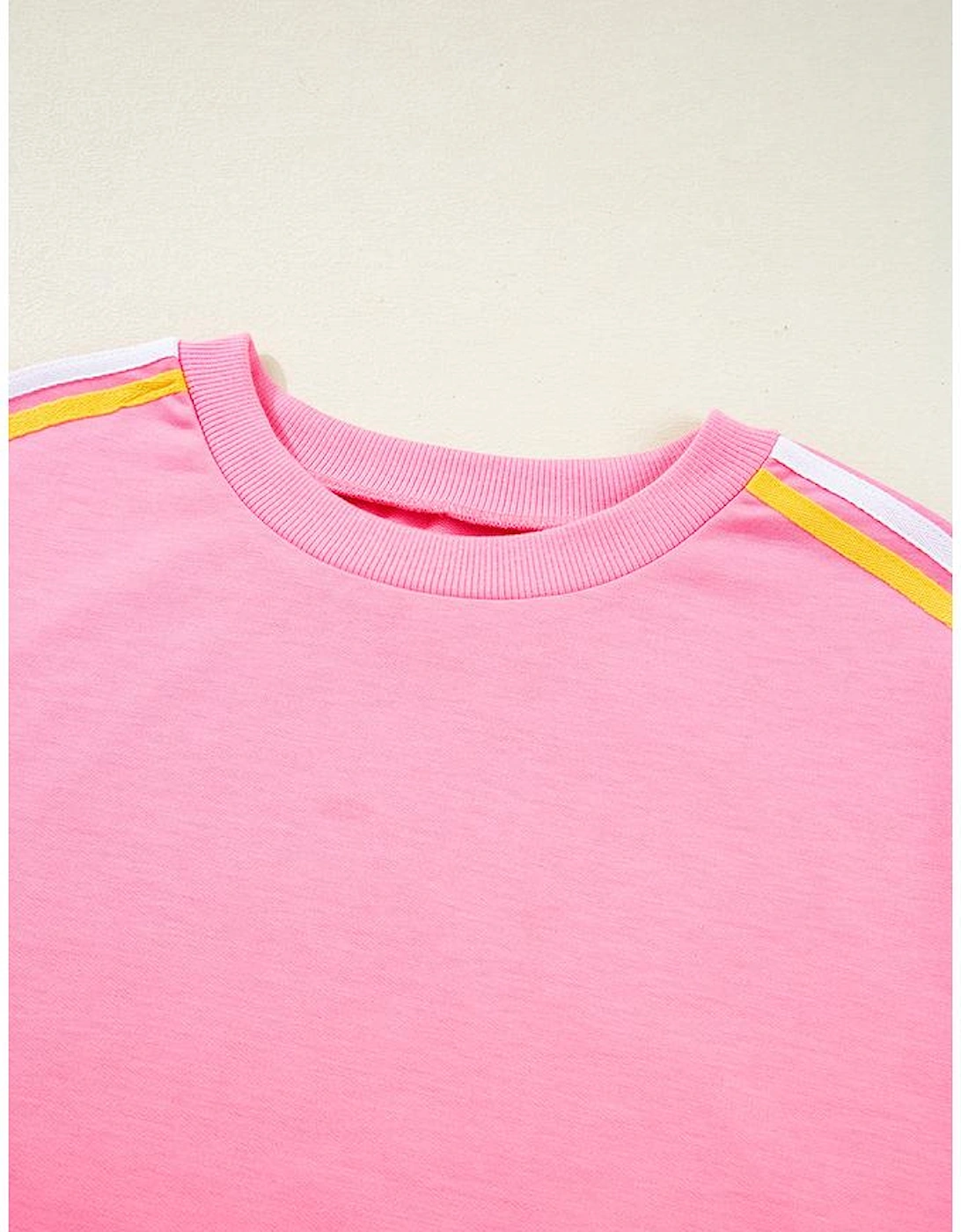 Bonbon Color Contrast Crewneck T Shirt and Wide Leg High Waist Pants Set