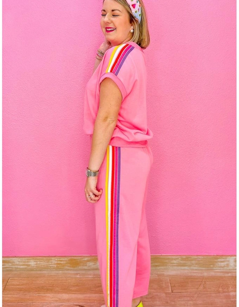 Bonbon Color Contrast Crewneck T Shirt and Wide Leg High Waist Pants Set
