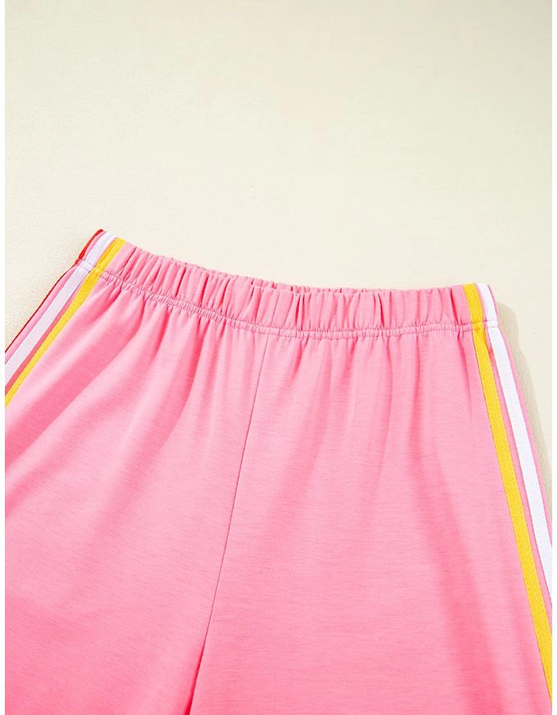 Bonbon Color Contrast Crewneck T Shirt and Wide Leg High Waist Pants Set