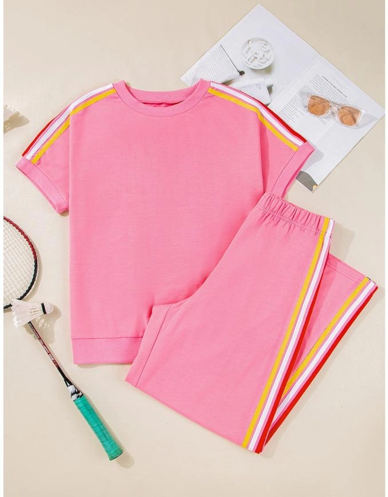 Bonbon Color Contrast Crewneck T Shirt and Wide Leg High Waist Pants Set