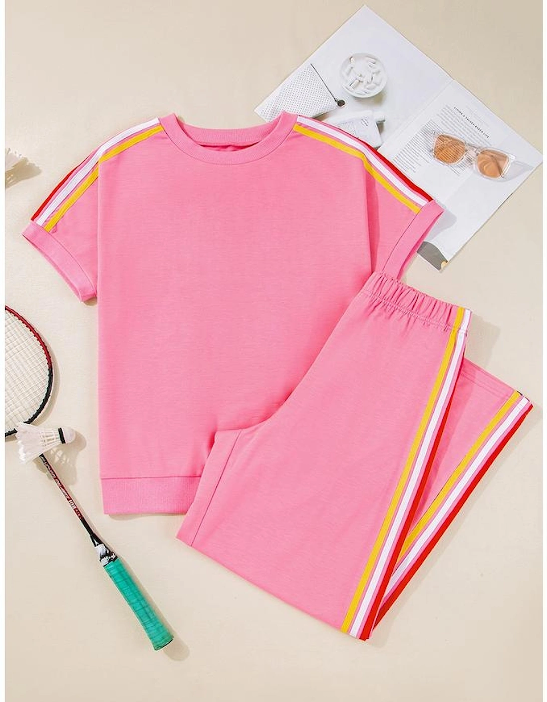 Bonbon Color Contrast Crewneck T Shirt and Wide Leg High Waist Pants Set