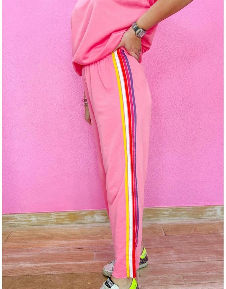 Bonbon Color Contrast Crewneck T Shirt and Wide Leg High Waist Pants Set