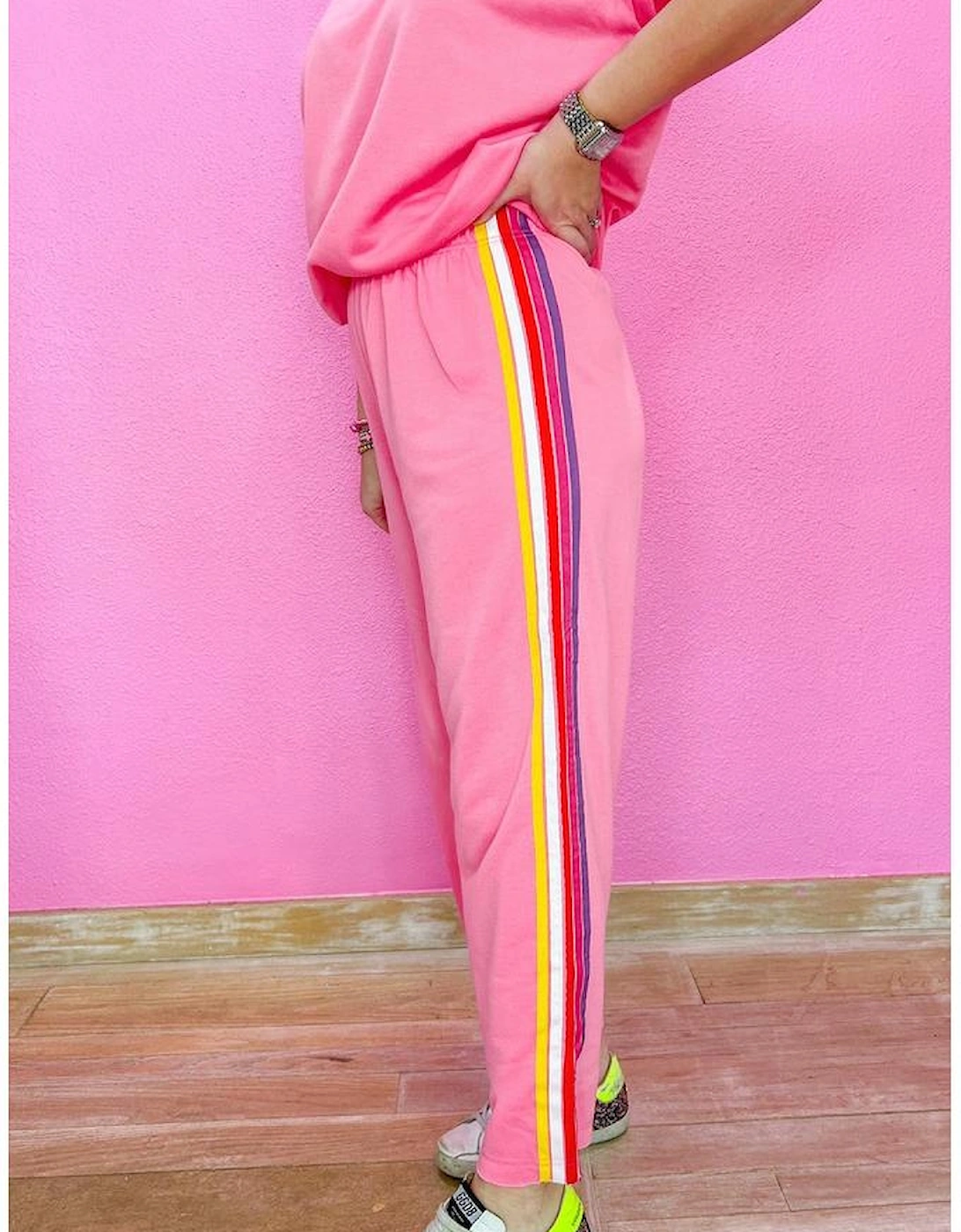 Bonbon Color Contrast Crewneck T Shirt and Wide Leg High Waist Pants Set