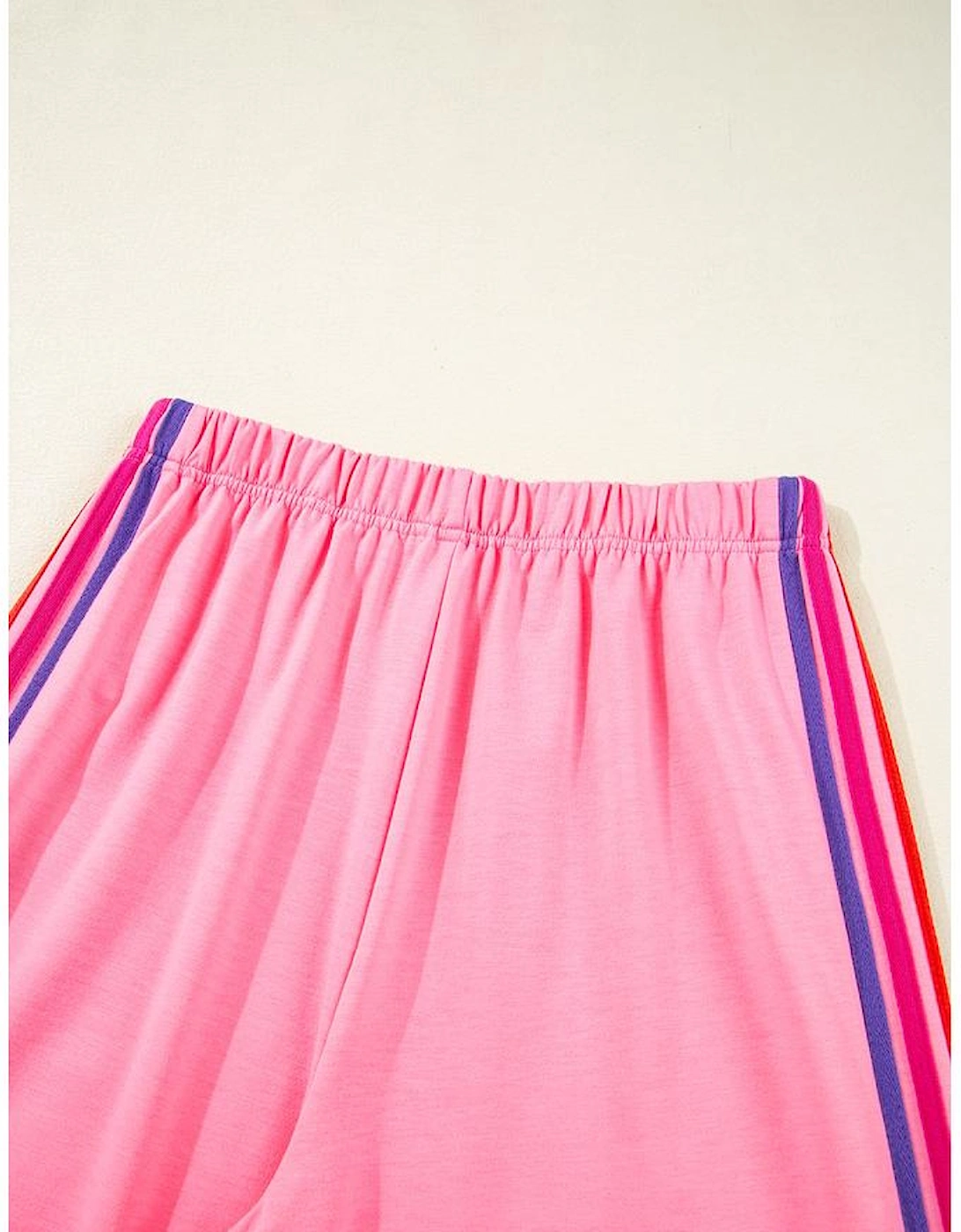 Bonbon Color Contrast Crewneck T Shirt and Wide Leg High Waist Pants Set