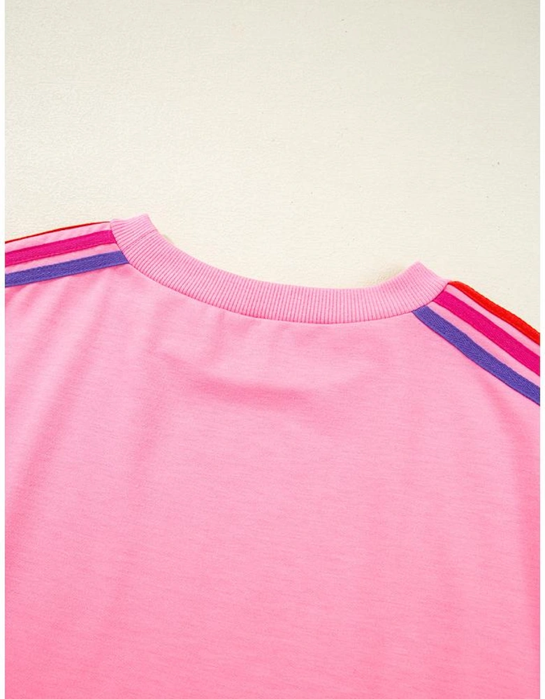 Bonbon Color Contrast Crewneck T Shirt and Wide Leg High Waist Pants Set