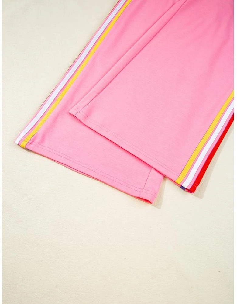 Bonbon Color Contrast Crewneck T Shirt and Wide Leg High Waist Pants Set