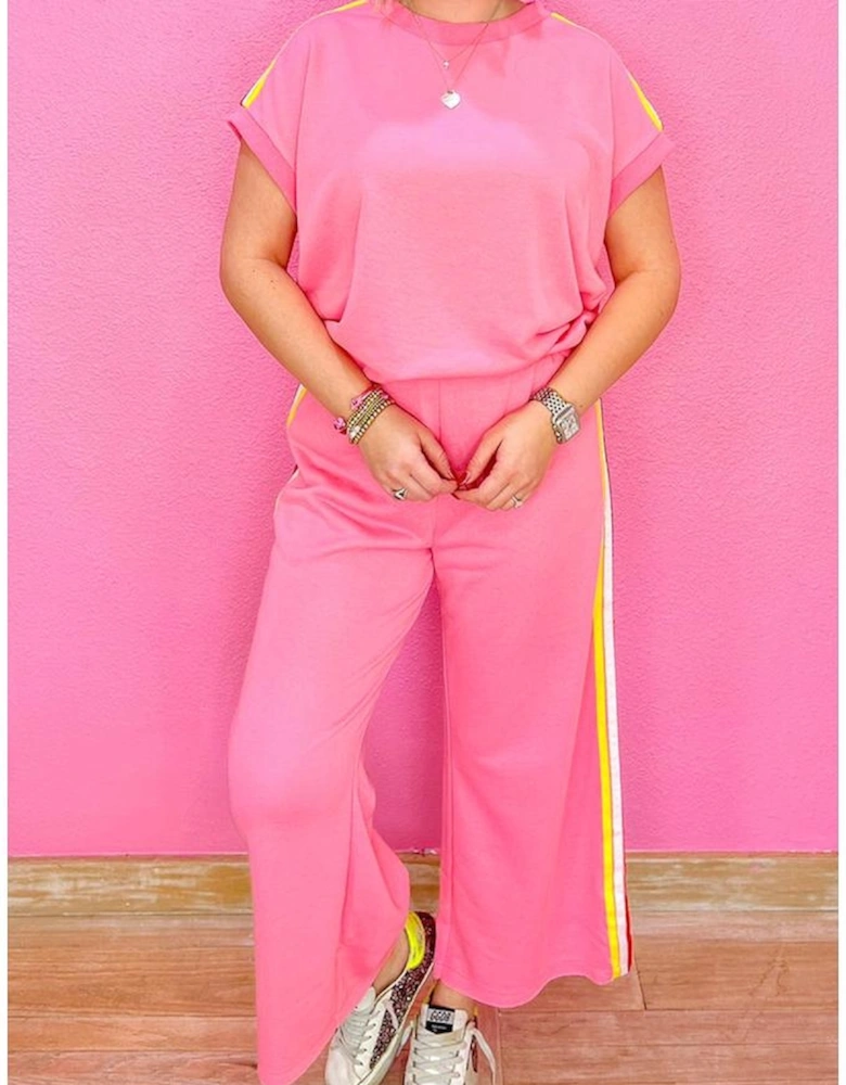 Bonbon Color Contrast Crewneck T Shirt and Wide Leg High Waist Pants Set