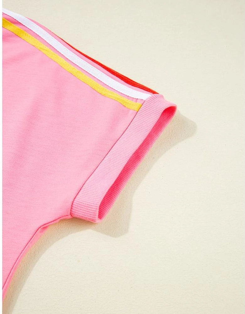 Bonbon Color Contrast Crewneck T Shirt and Wide Leg High Waist Pants Set