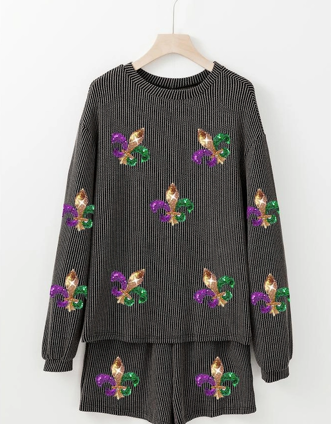 Carbon Grey Mardi Gras Fleur de Lis Patched Corded Long Sleeve Top and Shorts