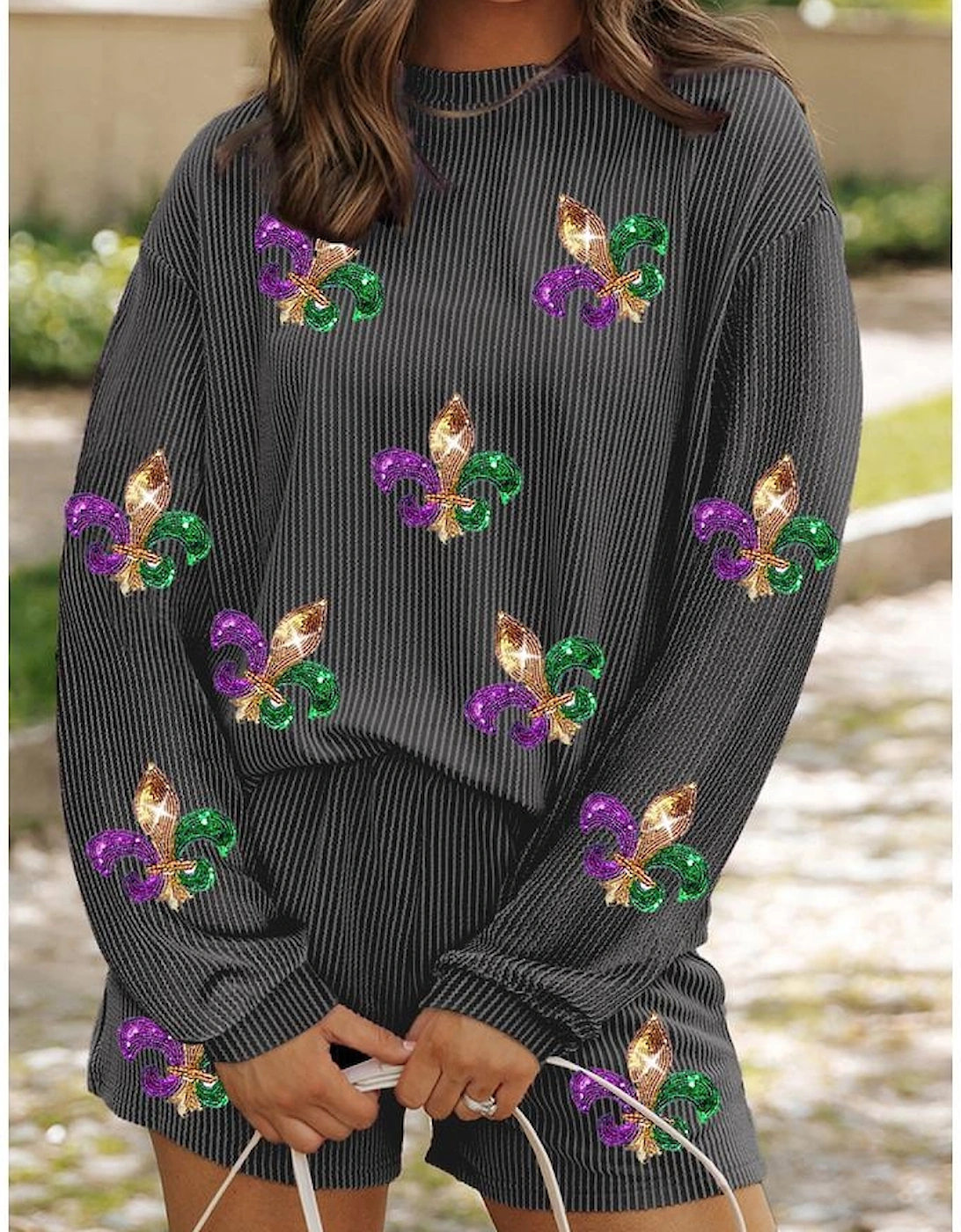 Carbon Grey Mardi Gras Fleur de Lis Patched Corded Long Sleeve Top and Shorts