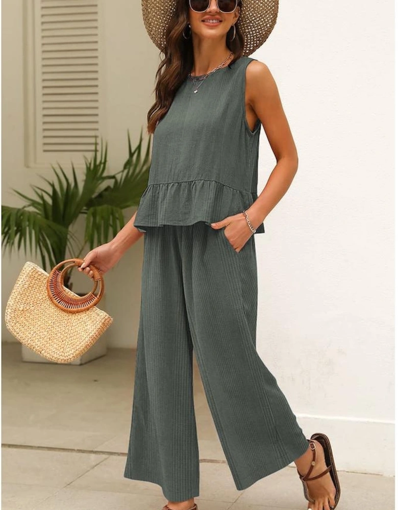 Duffel Green Solid Color Ribbed Ruffle Tank Top and Pants Set